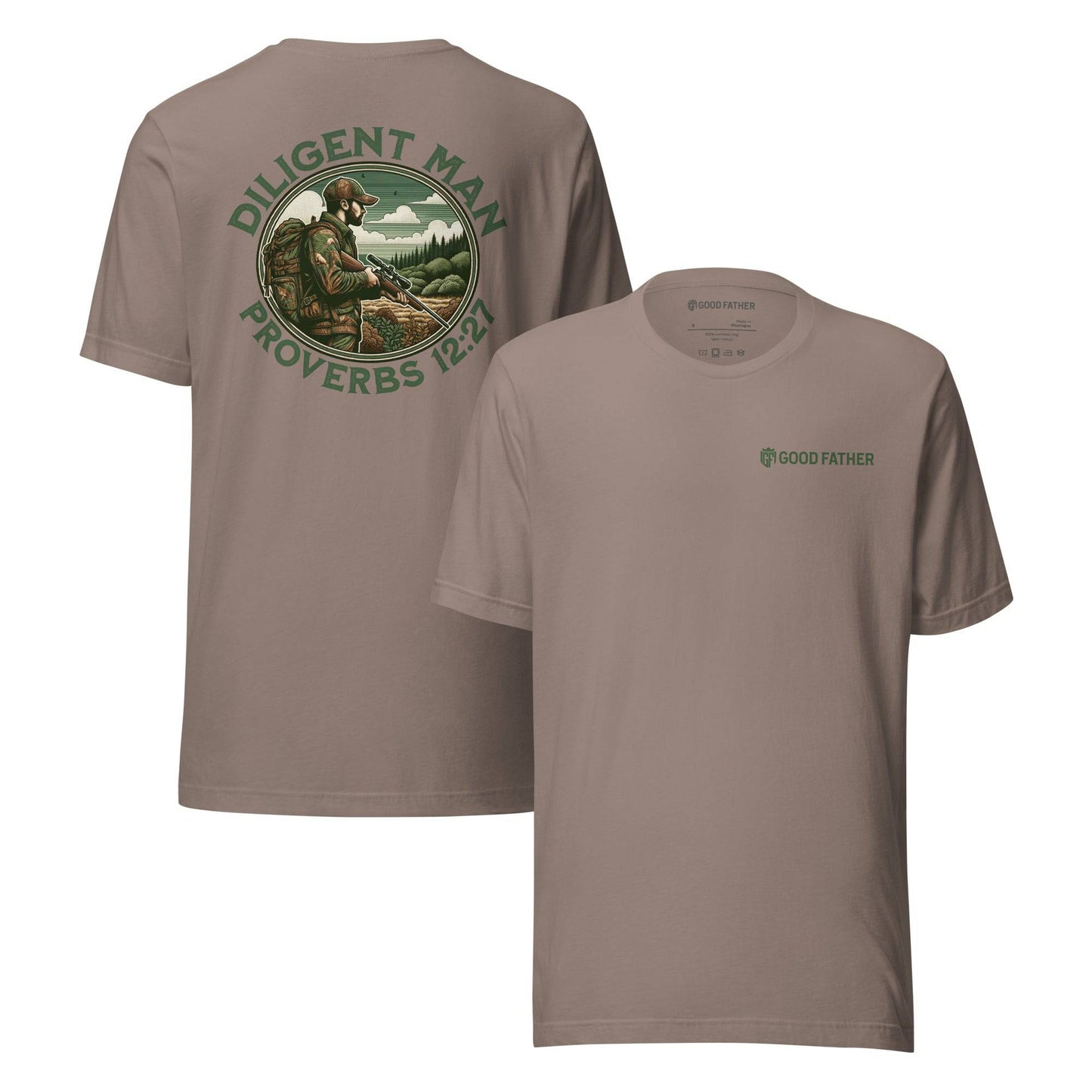 Diligent Man T-Shirt - Good Father Clothing Company - front back - Christian patriotic t-shirts - pebble
