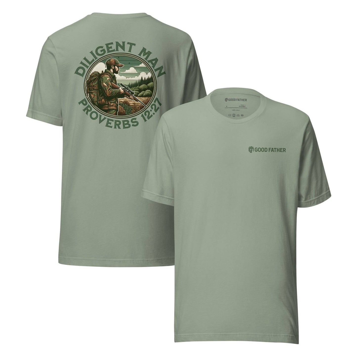 Diligent Man T-Shirt - Good Father Clothing Company - front back - Christian patriotic t-shirts - sage