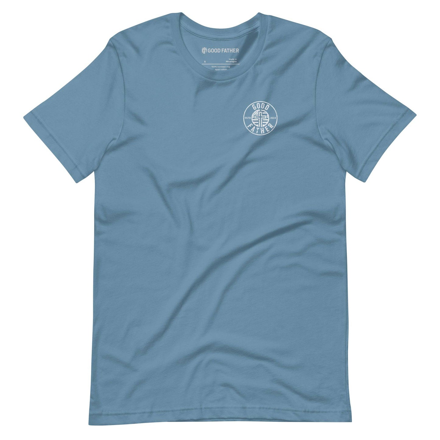 American Logo Basic T-Shirt - Good Father Clothing Company - front flat lay - Christian patriotic t-shirts - steel blue