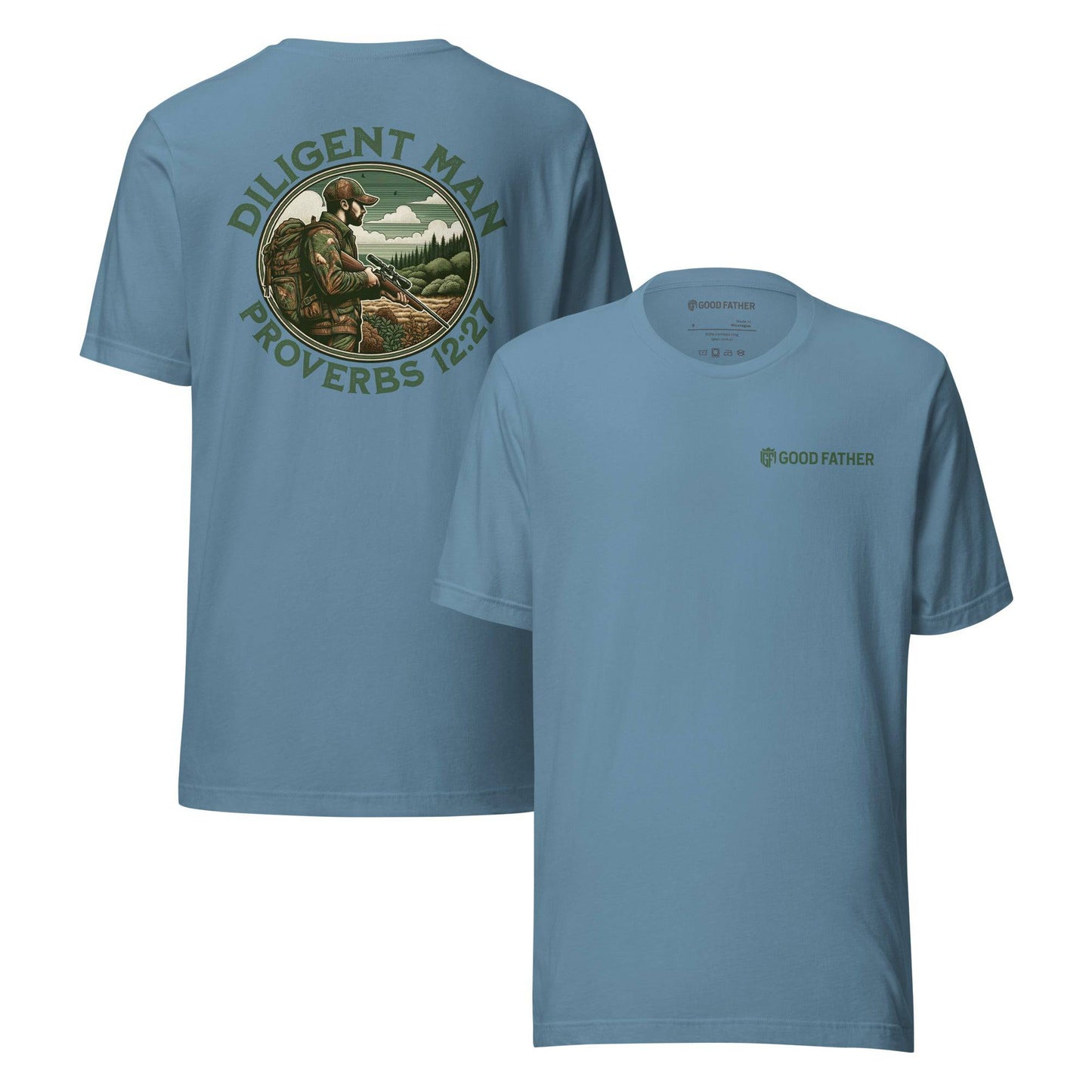 Diligent Man T-Shirt - Good Father Clothing Company - front back - Christian patriotic t-shirts - steel blue