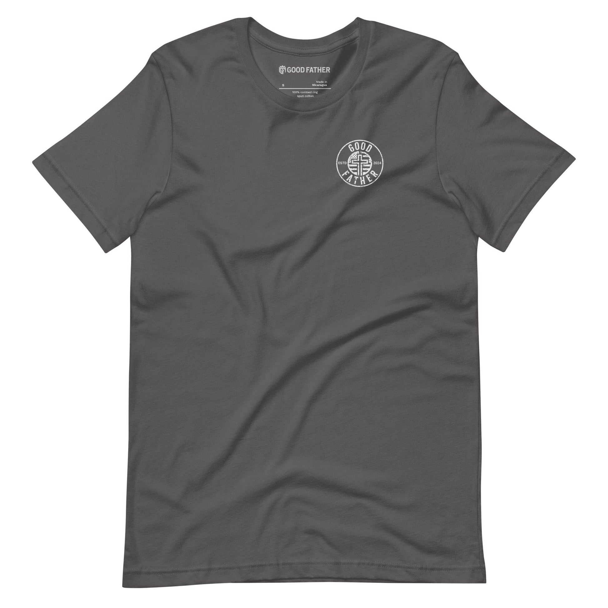 American Logo Basic T-Shirt - Good Father Clothing Company - front flat lay - Christian patriotic t-shirts - asphalt