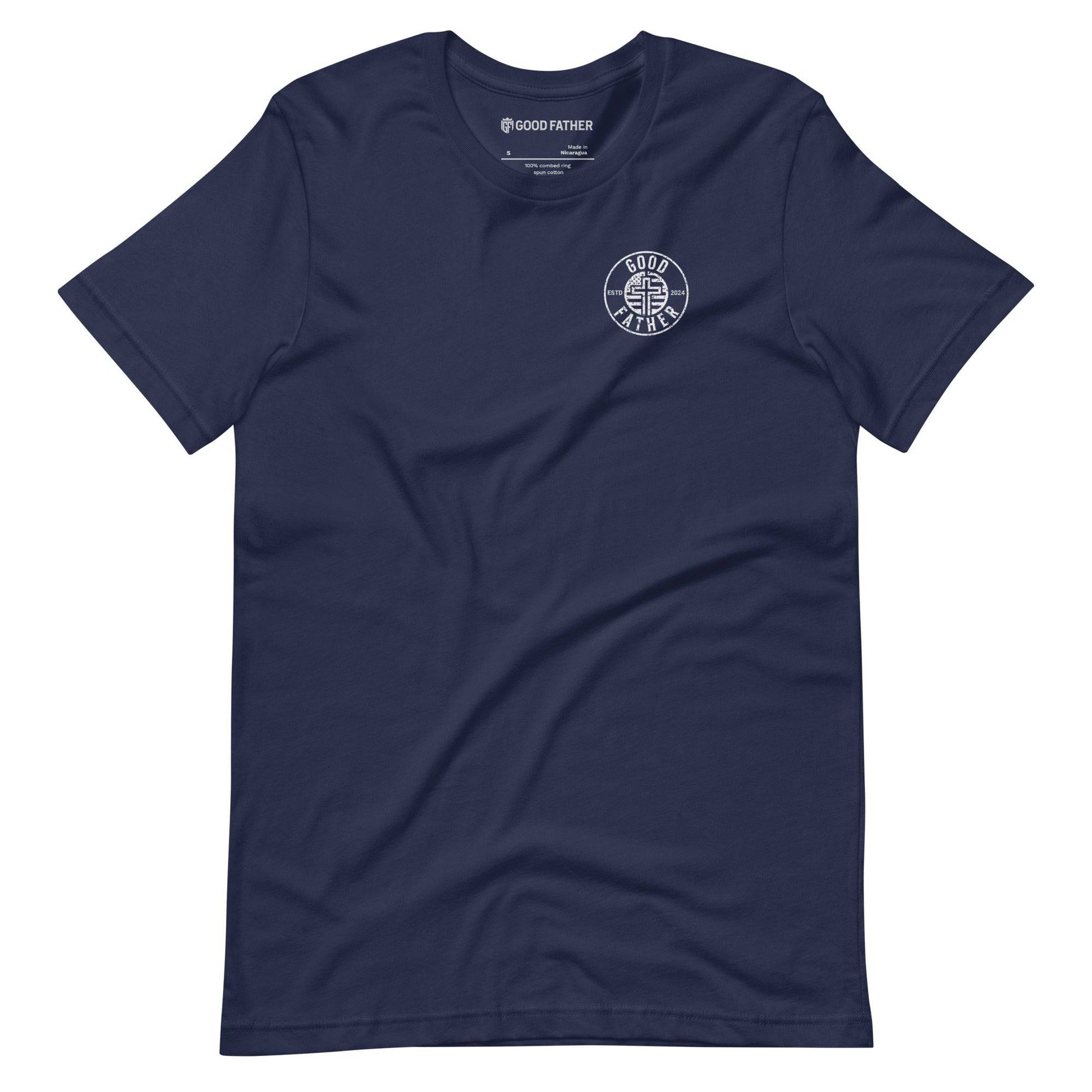 American Logo Basic T-Shirt - Good Father Clothing Company - front flat lay - Christian patriotic t-shirts - navy