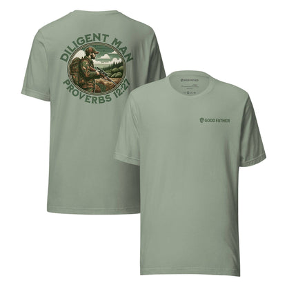 Diligent Man T-Shirt - Good Father Clothing Company - front back - Christian patriotic t-shirts - sage