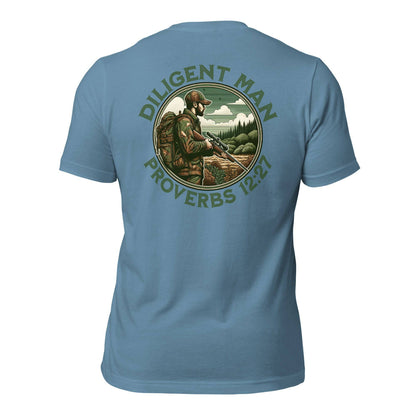 Diligent Man T-Shirt - Good Father Clothing Company - back - Christian patriotic t-shirts - steel blue